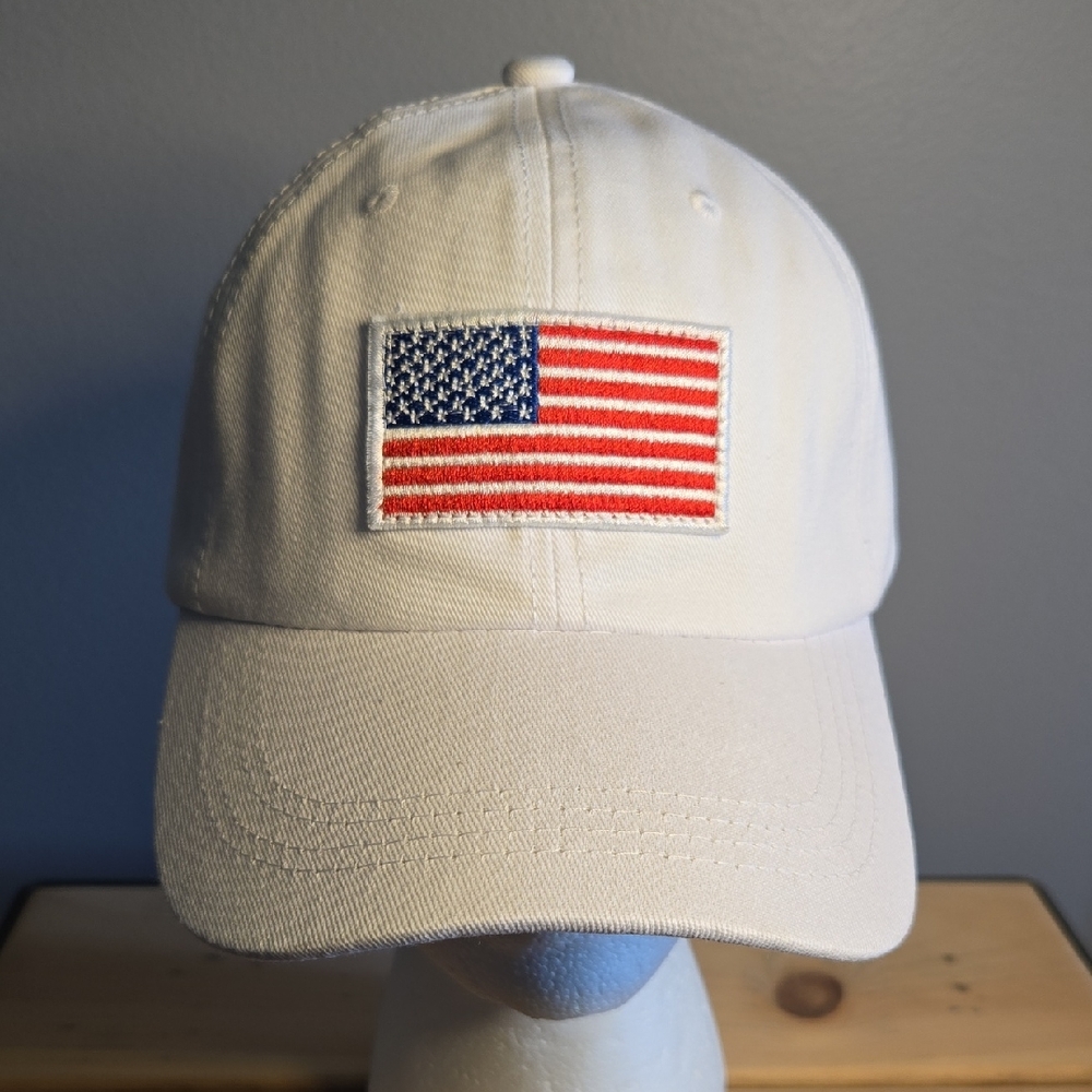 White Canvas American Flag Patch Adjustable Back Cap - Unisex - NEW